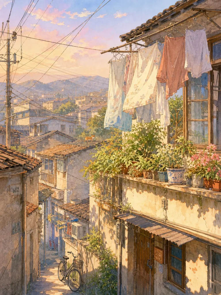 治愈系怀旧小巷插画提示词