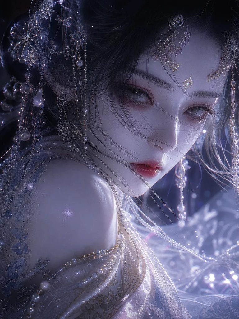 冷调暗夜古风少女微距人像 AI 绘画提示词