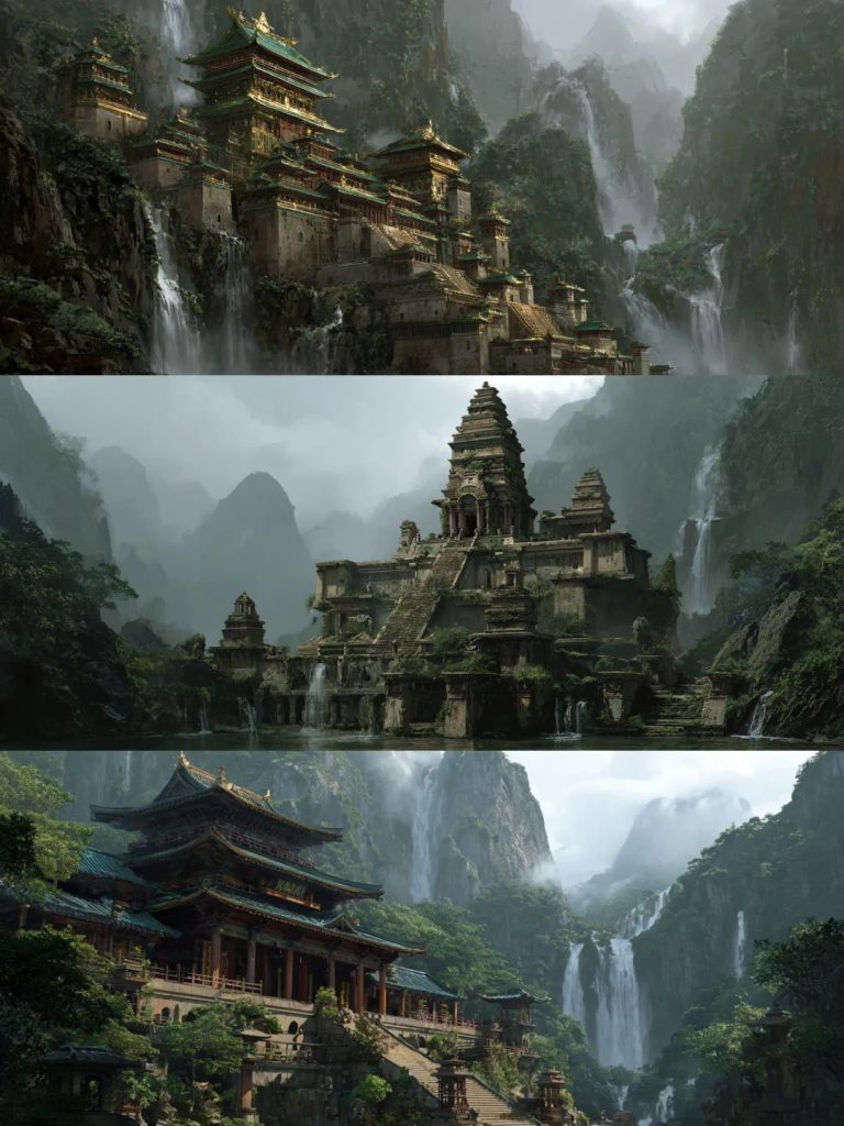 Craig Mullins 古风山水古建瀑布概念图 AI 提示词