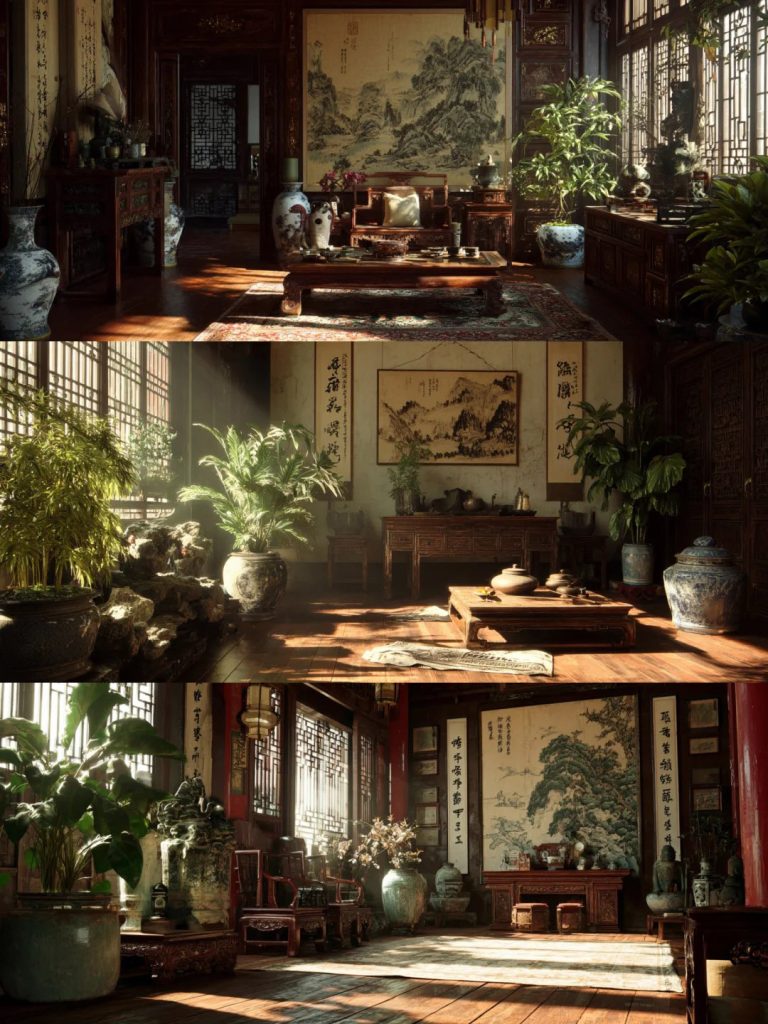 2：1 宽幅中式古典暖阳室内写实 AI 绘画提示词