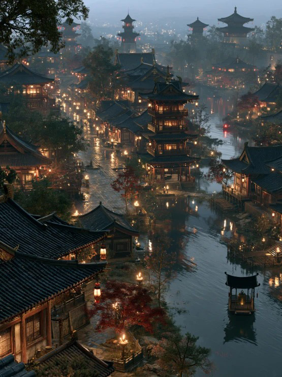 UE5 写实夜景盛唐长安俯瞰全景 AI 绘画提示词