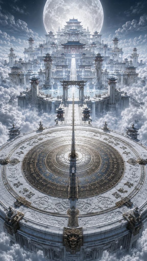日月同辉九天仙阙 白玉天梯古风玄幻场景AI提示词