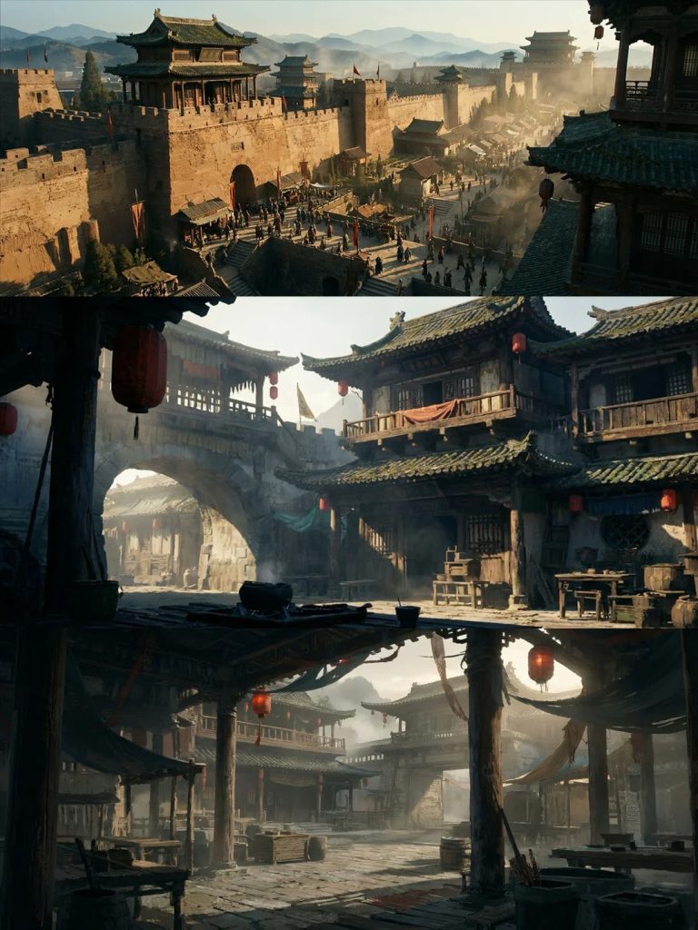 中式神话天穹天河瀑布对称天宫全景生图关键词