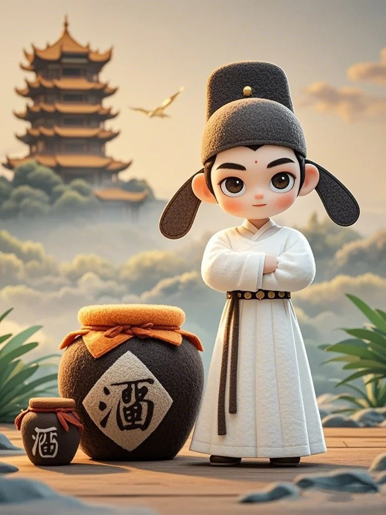 Q 版毛毡画李白黄鹤楼 AI 绘画提示词