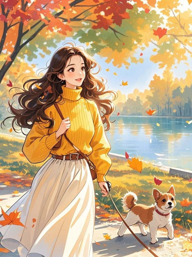 水彩手绘秋日公园遛狗女生 AI 绘画提示词