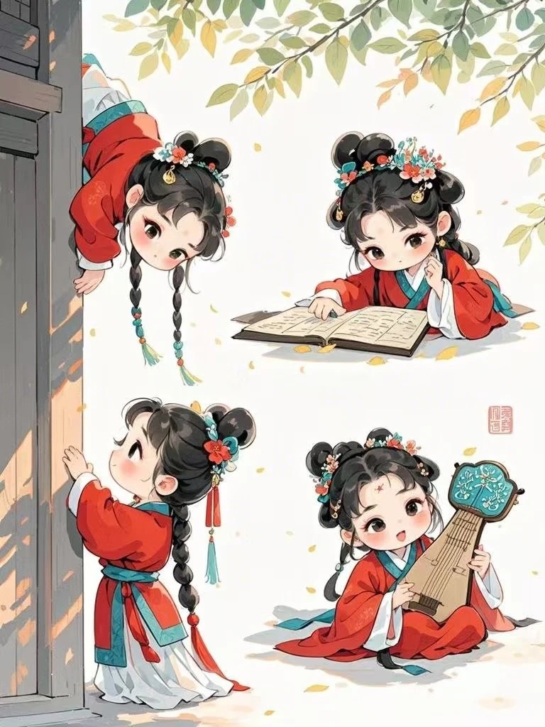 Q 版古风汉服美人四格场景 AI 绘画提示词