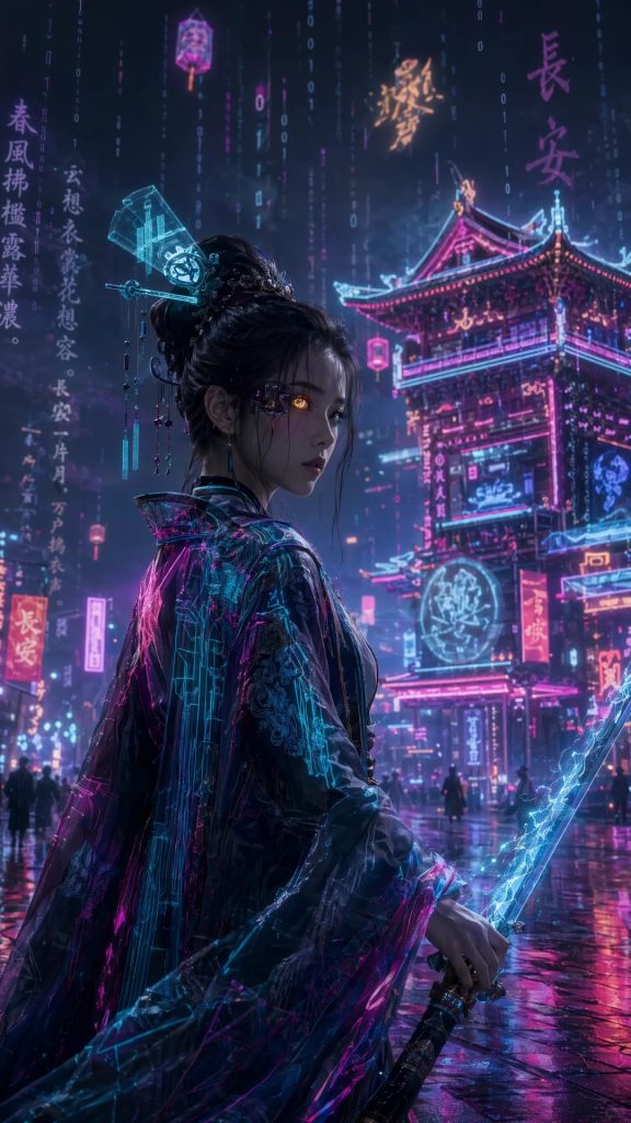 赛博朋克长安霓虹侠女 AI 绘画提示词