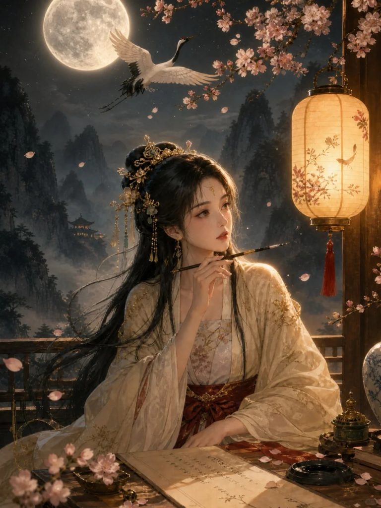 月下执笔仙侠女子古风插画 AI 绘画提示词