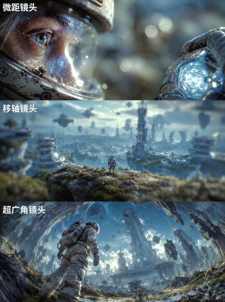 三种镜头摄影效果微距移轴超广角 AI 提示词