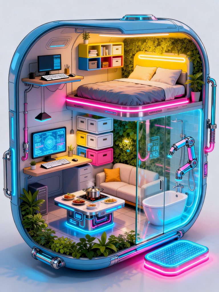 鸟山明风格 3D 微景观未来胶囊房间 AI 绘画提示词