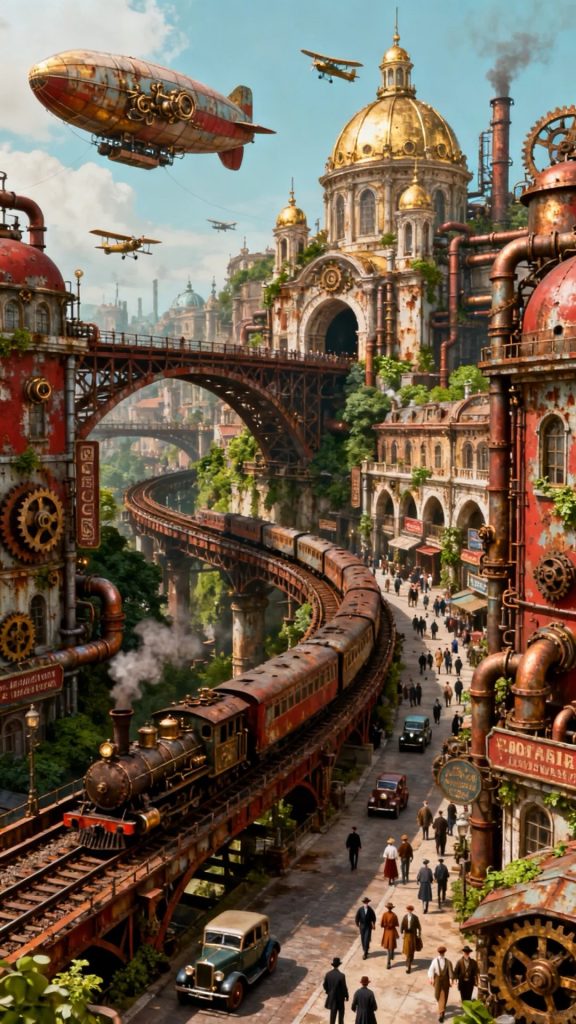 鸟瞰广角蒸汽朋克立体都市 AI 绘画提示词