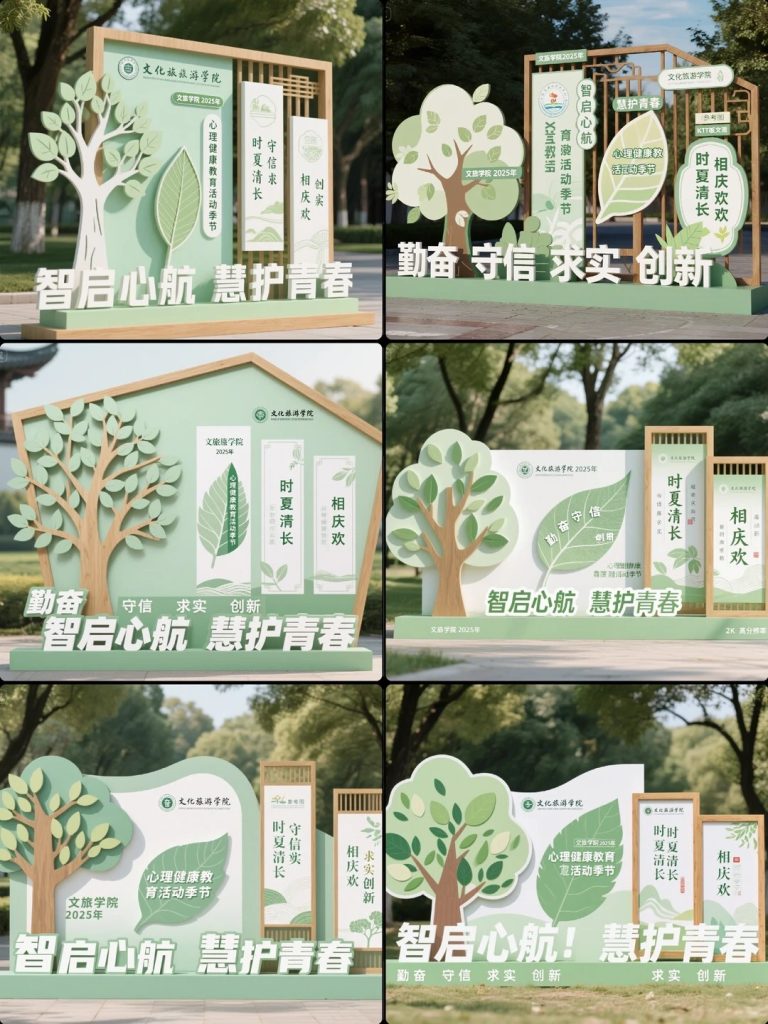浅绿白木质框架校园心理活动美陈设计关键词