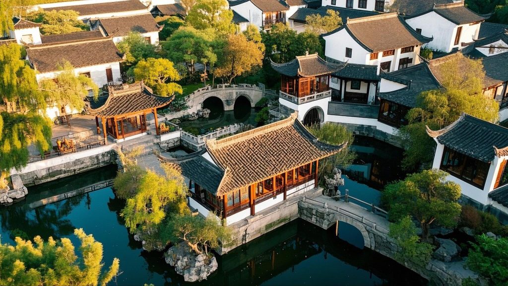 无人机鸟瞰江南苏州园林全景 AI 绘画提示词