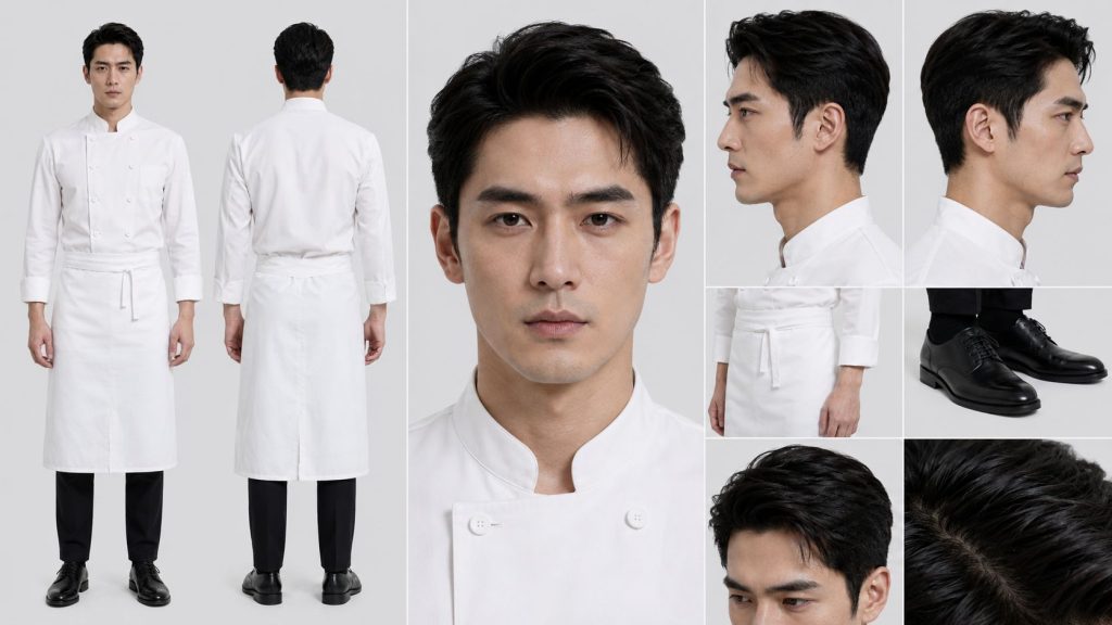 现代白色厨师服厨师男主影视角色定板 AI 提示词