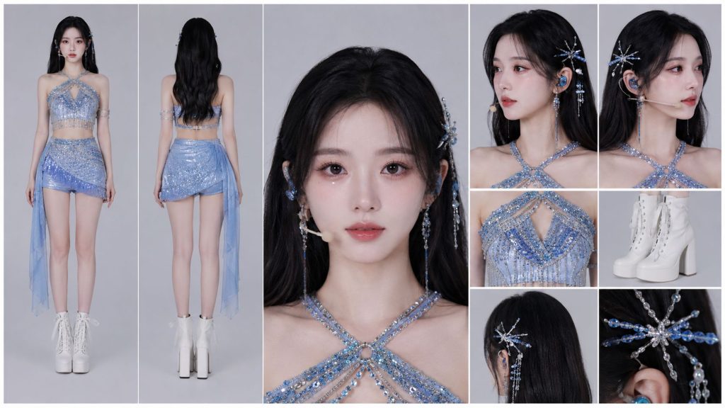 亮片蓝舞台服女团练习生影视角色定板 AI 提示词