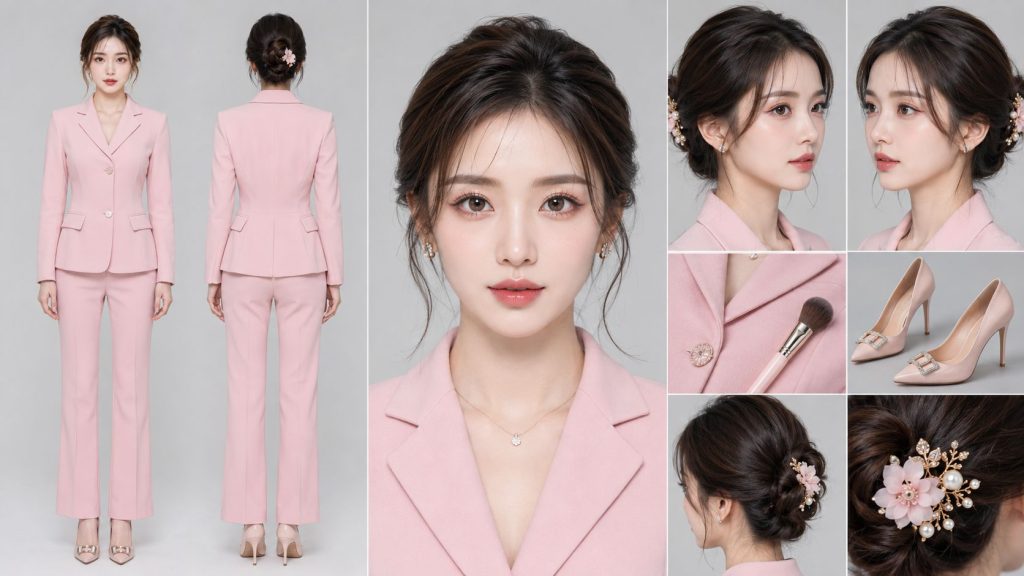 玫瑰粉时尚套装美妆博主影视角色定板 AI 提示词