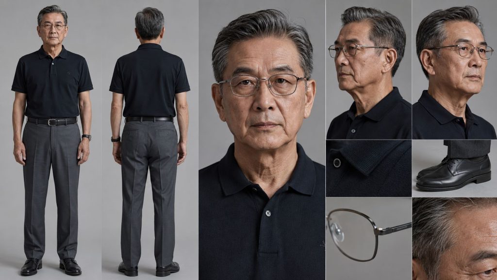 POLO 衫老花镜退休大爷影视角色定板 AI 提示词
