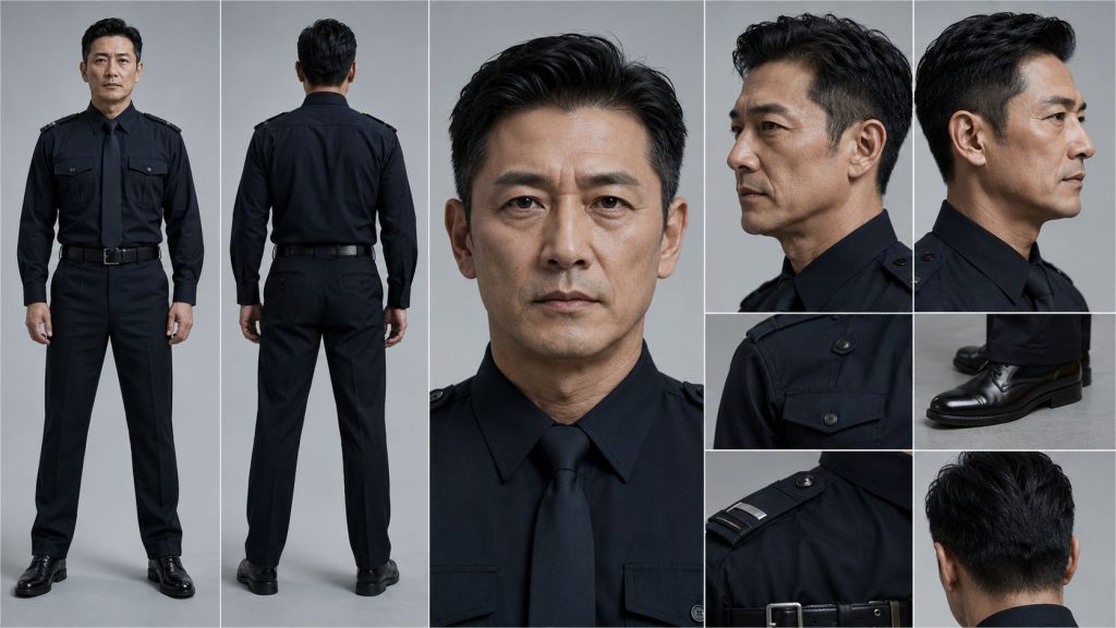 保安制服大叔影视角色定板 AI 提示词