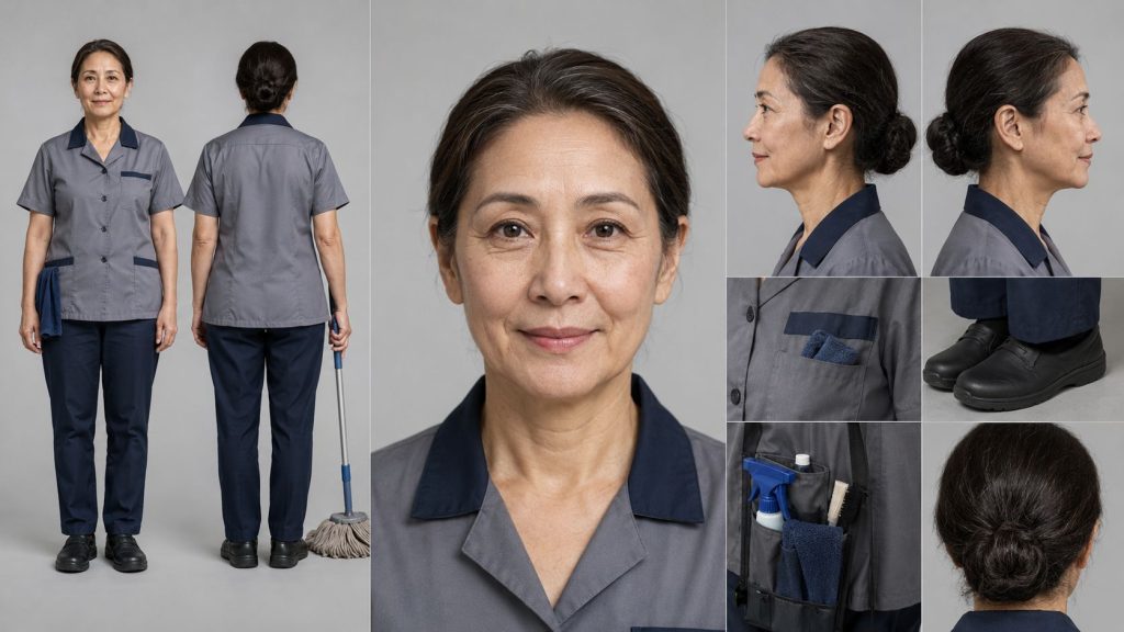 保洁制服阿姨影视角色定板 AI 提示词