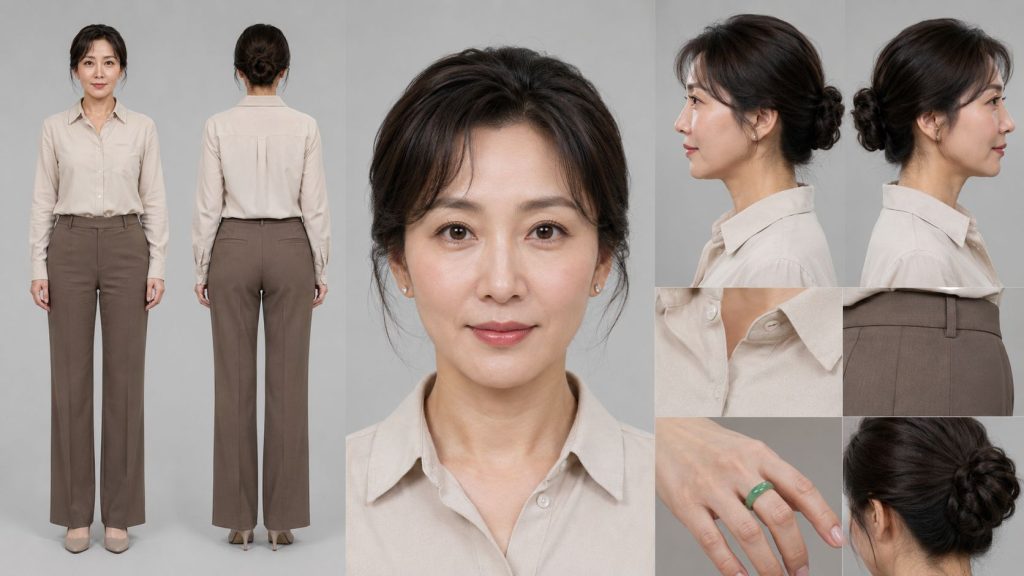 衬衫长裤中年路人女影视角色定板 AI 提示词