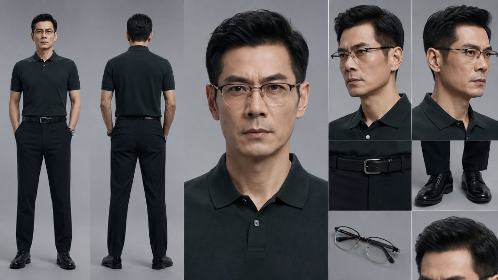 POLO 衫老花镜财务经理影视角色定板 AI 提示词