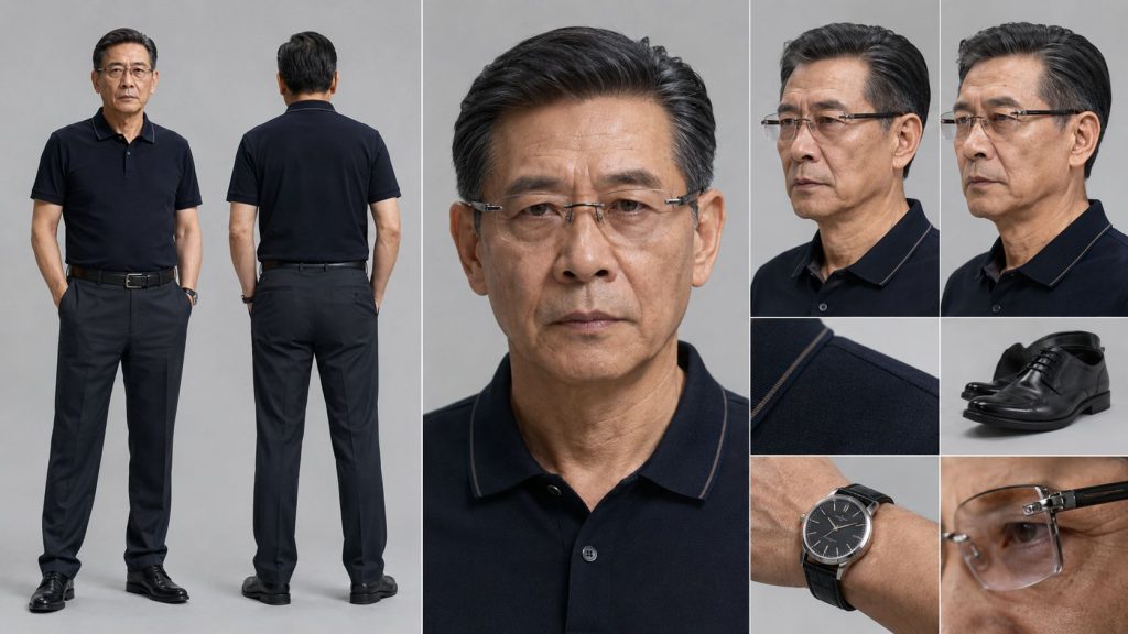 POLO 衫老花镜律所主任影视角色定板 AI 提示词