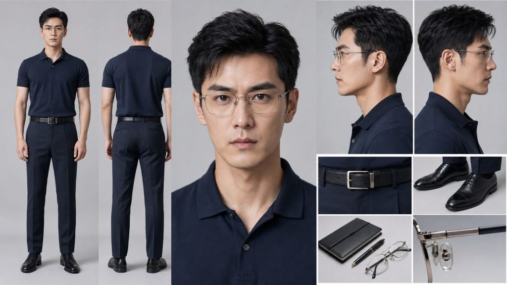 POLO 衫花镜婚礼策划师影视角色 AI 提示词（