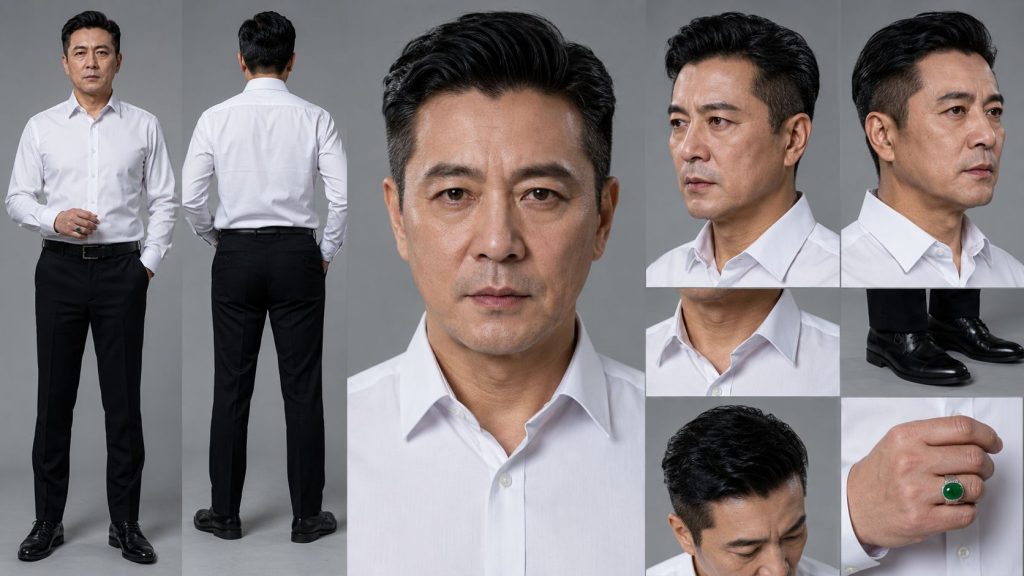 衬衫长裤翡翠戒指订婚宴司仪影视角色 AI 提示词