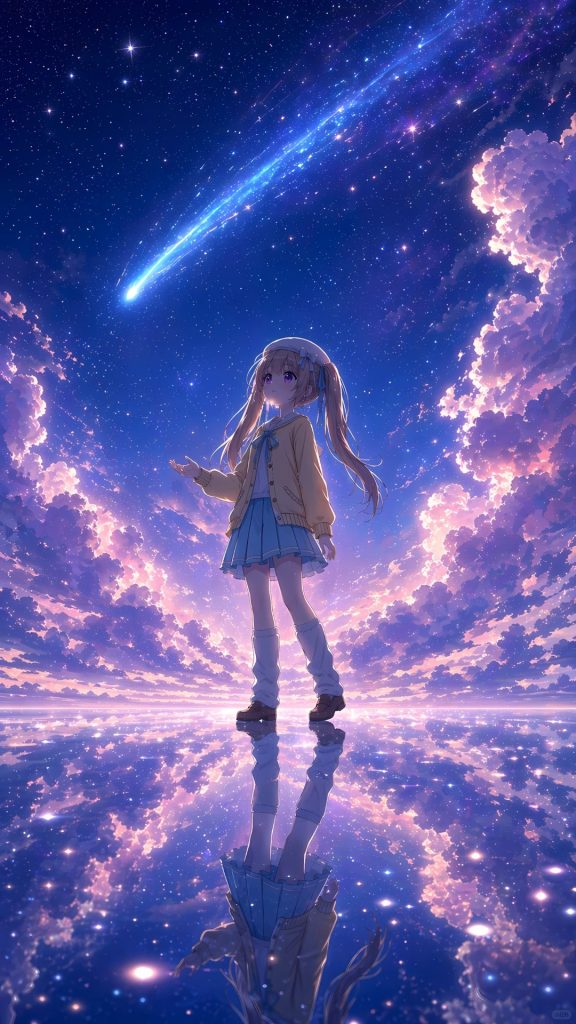 日系唯美奇幻少女星空水面反射插画提示词