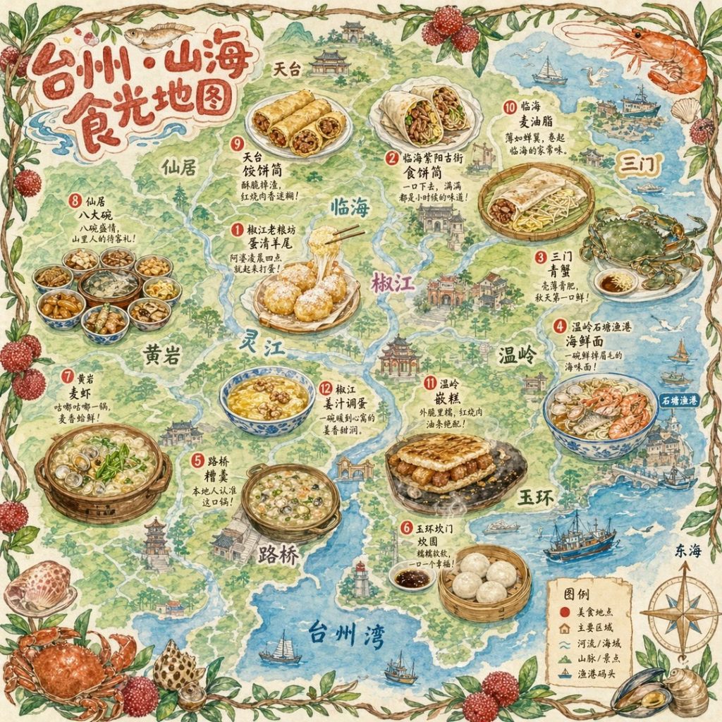 台州城市美食手绘地图水彩插画素材提示词