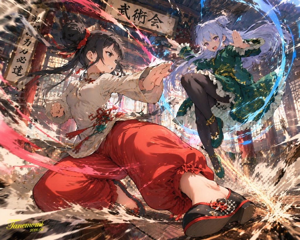动漫风两位女武者武馆激烈打斗插画 AI 提示词