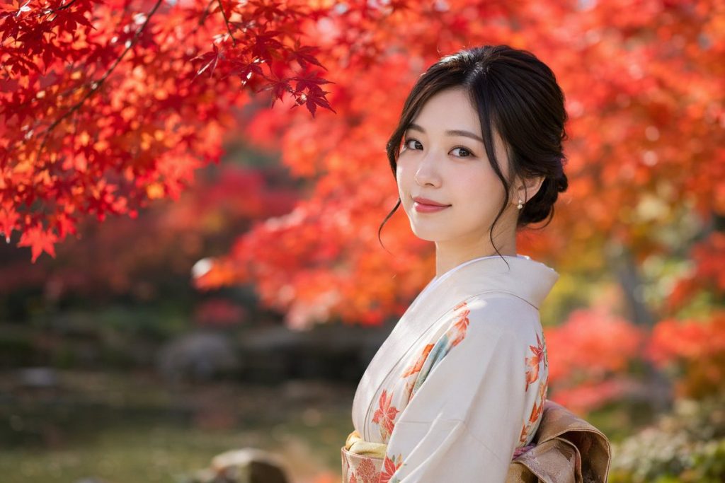 秋日庭院和服女子回眸浅景深人像 AI 提示词