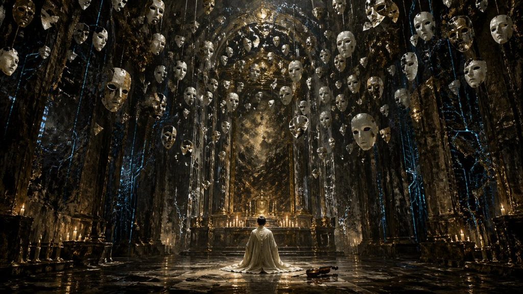 暗黑幻想哥特大厅白衣跪姿人物电影级宽幅 AI 提示词
