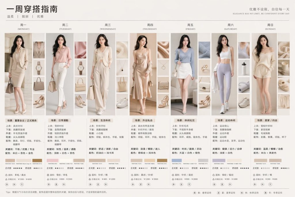 7 列一周穿搭指南时尚画册信息图 AI 提示词