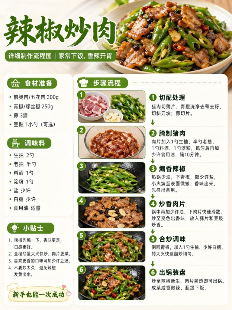 辣椒炒肉写实做菜流程图 AI 提示词