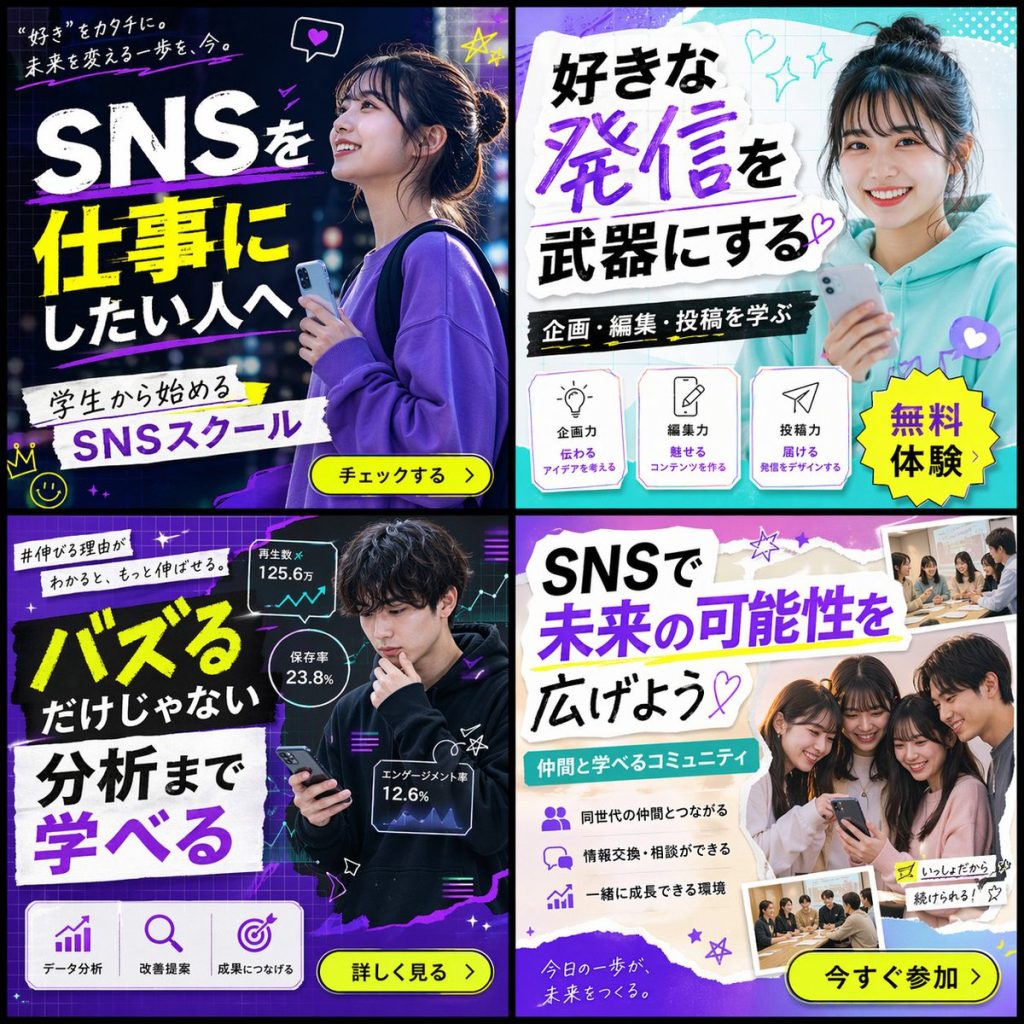 日式 SNS 学园四格广告横幅 AI 提示词
