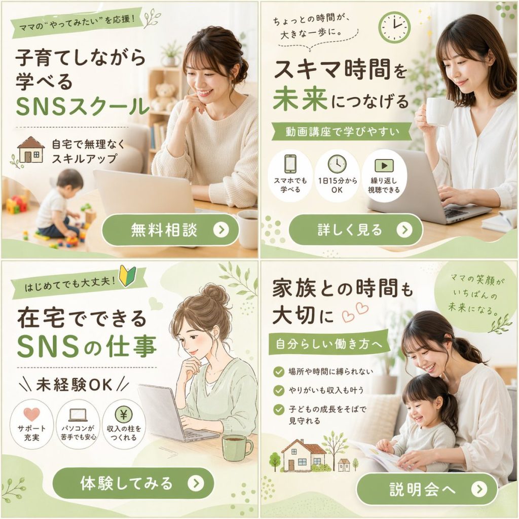 宝妈向 SNS 学园柔和日系四格广告横幅 AI 提示词
