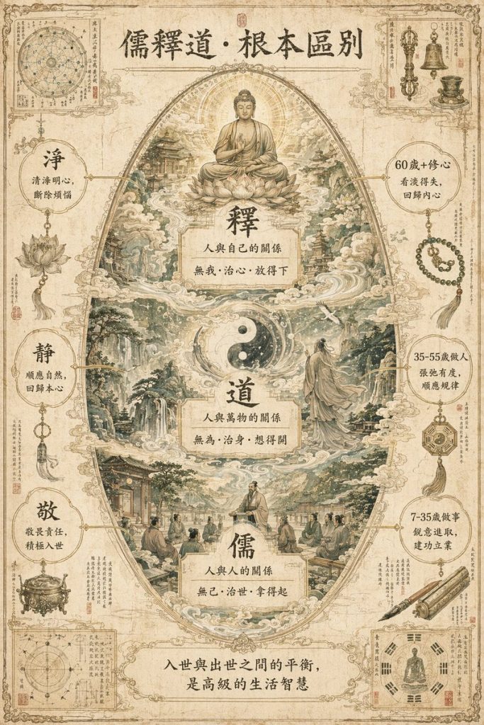 古风手稿儒释道根本区别知识信息图