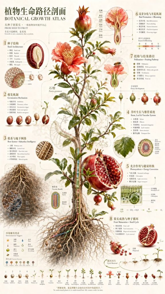 石榴植物生长生命周期科普信息图提示词