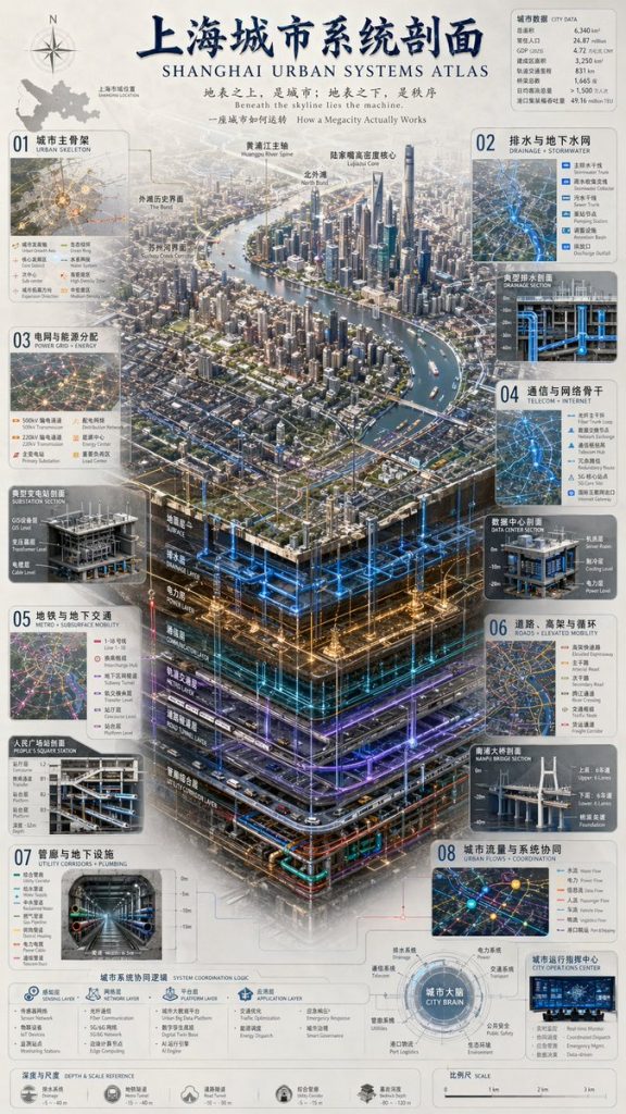 上海城市系统剖面 3D 等距赛博科普信息图提示词