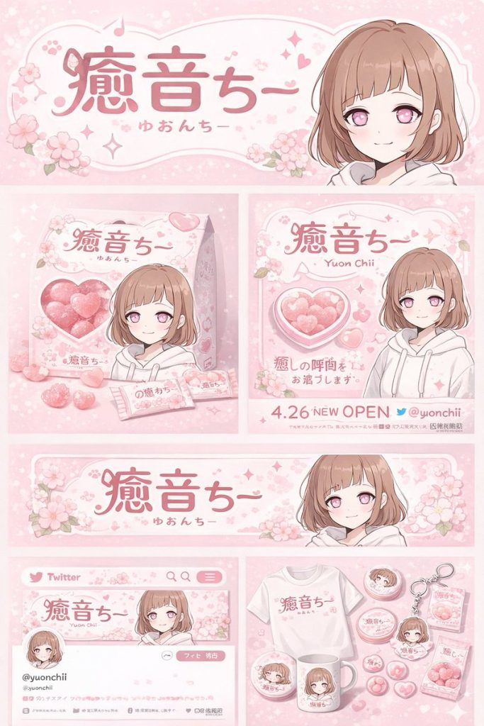 粉白樱花少女 IP 品牌衍生物料设计板提示词
