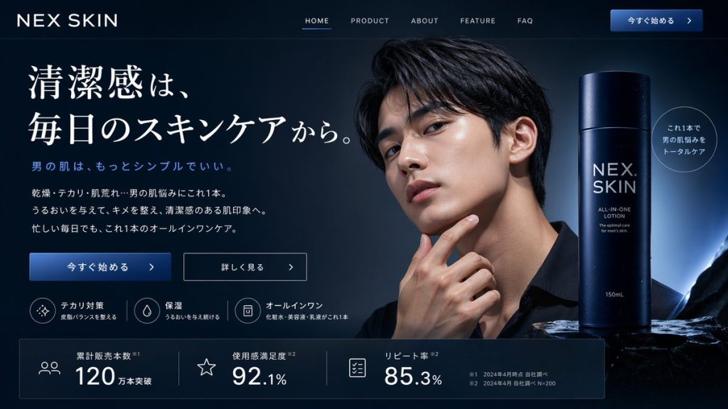 深色模式男士护肤电商落地页样机 AI 提示词