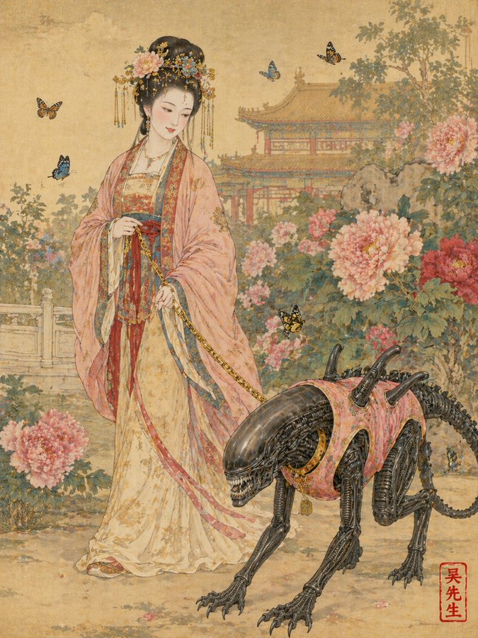 古风工笔御花园粉色马甲异形怪物 Prompt