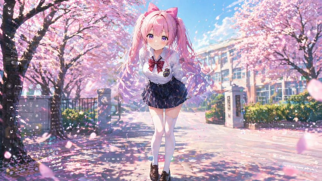 樱花粉双马尾 JK 少女樱花校园二次元 AI 提示词