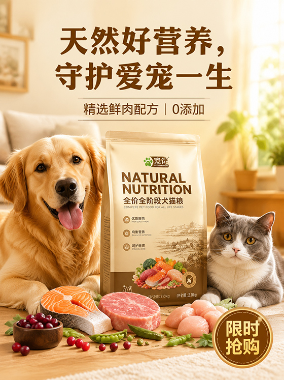 温馨家庭风宠物粮电商主视觉海报 AI 提示词