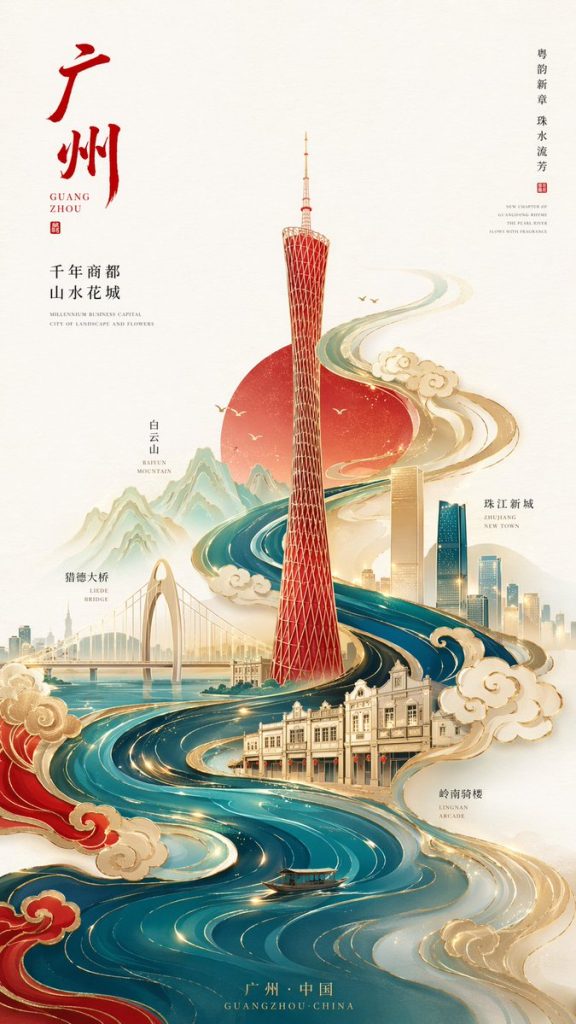 新中式极简广州城市国潮海报 AI 提示词