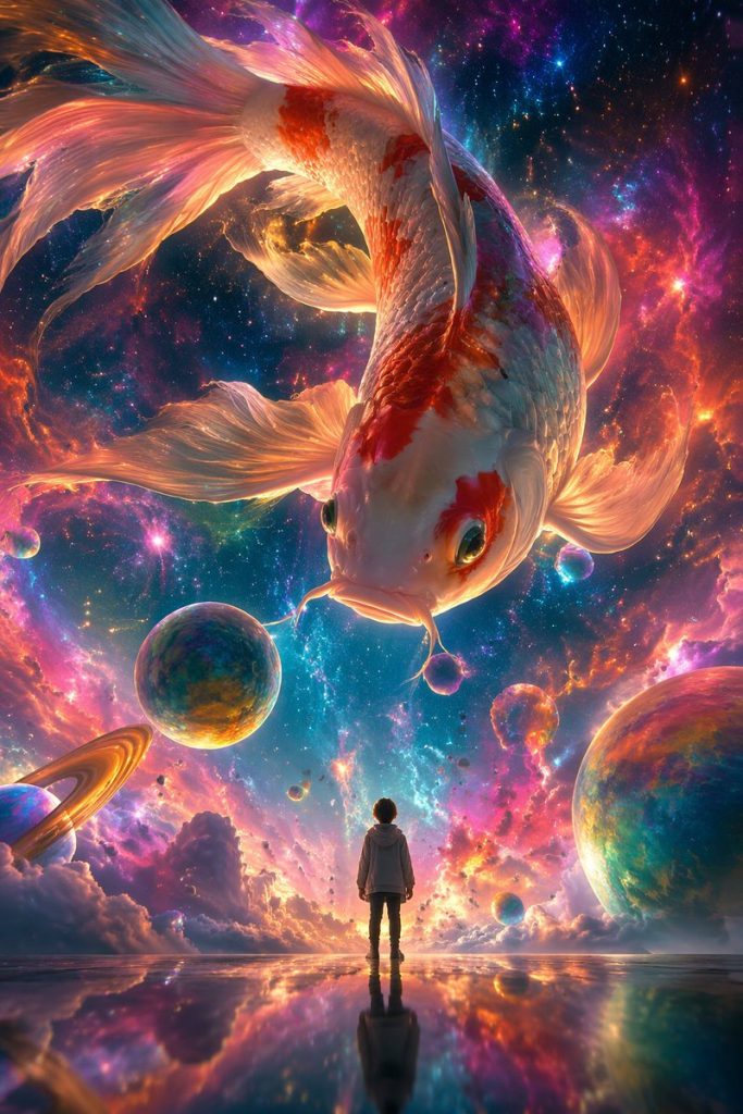 超现实星云巨型锦鲤小人仰望插画 AI 提示词