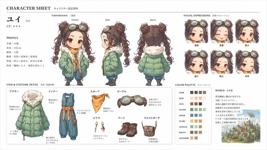 日系官方角色设定表三面图表情拆分 16:9 提示词