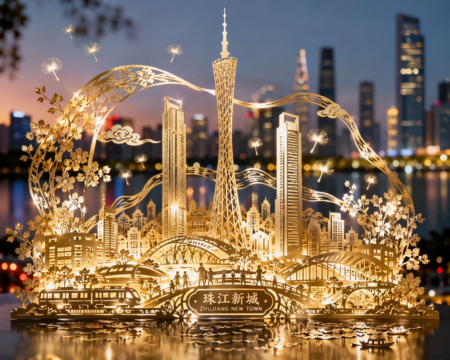 广州珠江新城金属箔剪纸艺术城景 AI 提示词