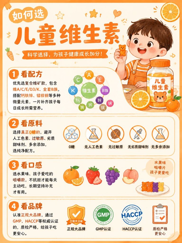 儿童维生素选购科普图｜橙色调手绘版 AI提示词